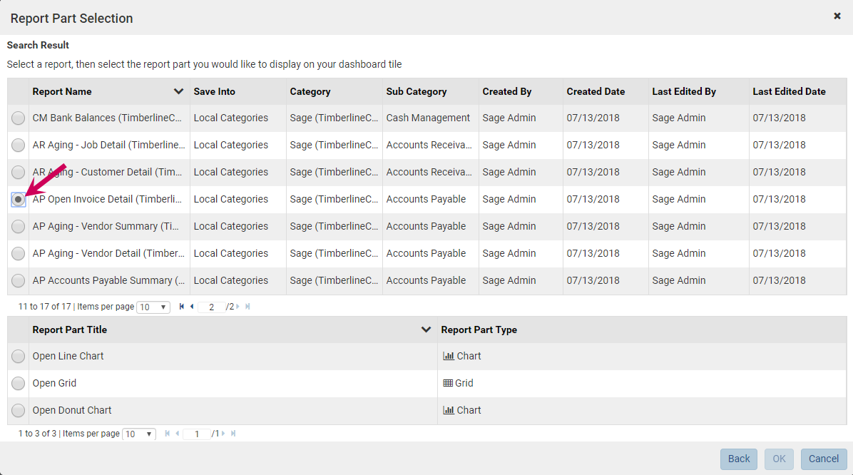 The Report Part Selection window with a report part selected
